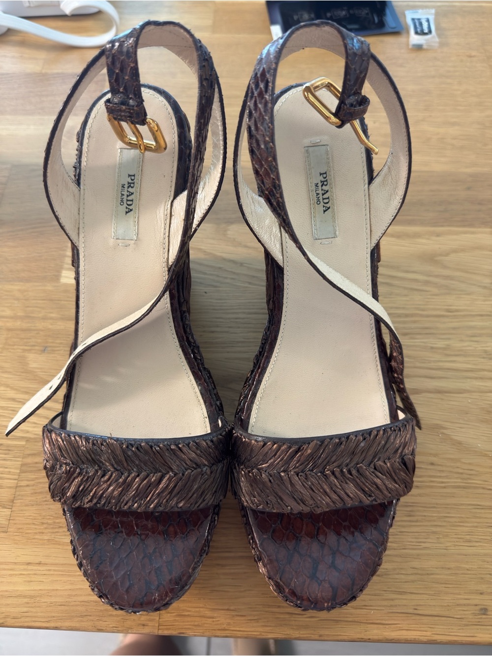Prada Brown Python-Textured Woven Strap Heels